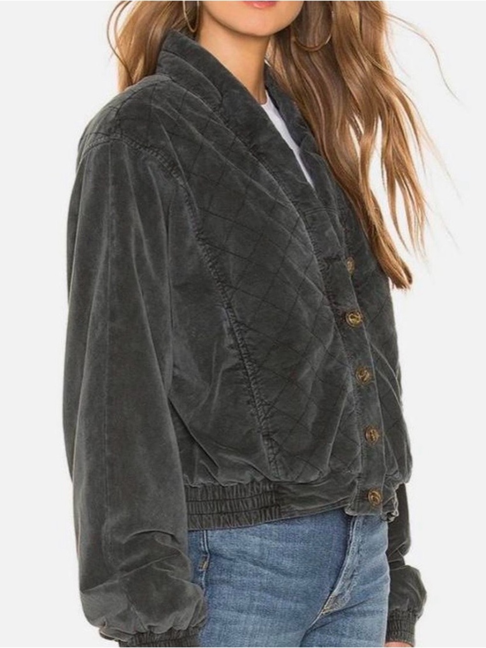 Free People Quilted Bomber Jacket with button front and elastic cuffs